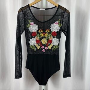 Viola Medium Mesh Embroidered Floral Long Sleeve Retro Bodysuit Boho